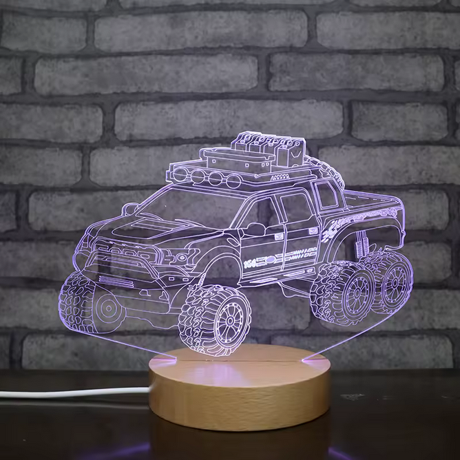 Lampe LED ronde à base en bois – Veilleuse en forme de camion avec lumière blanche chaude et 7 couleurs