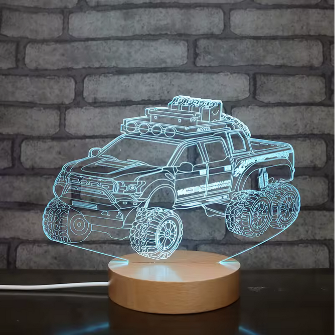 Lampe LED ronde à base en bois – Veilleuse en forme de camion avec lumière blanche chaude et 7 couleurs