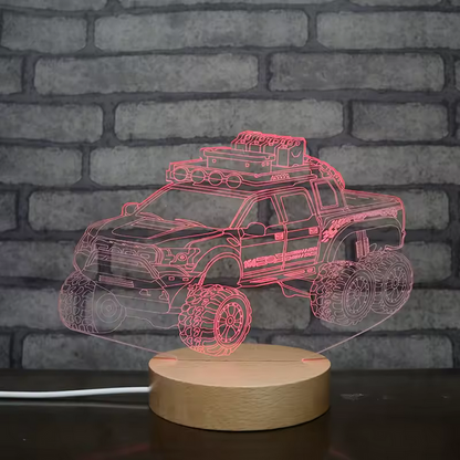 Lampe LED ronde à base en bois – Veilleuse en forme de camion avec lumière blanche chaude et 7 couleurs