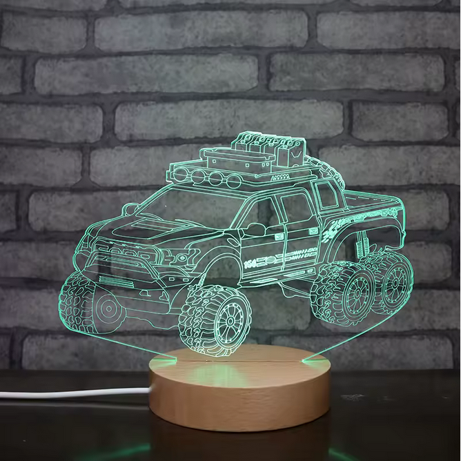 Lampe LED ronde à base en bois – Veilleuse en forme de camion avec lumière blanche chaude et 7 couleurs