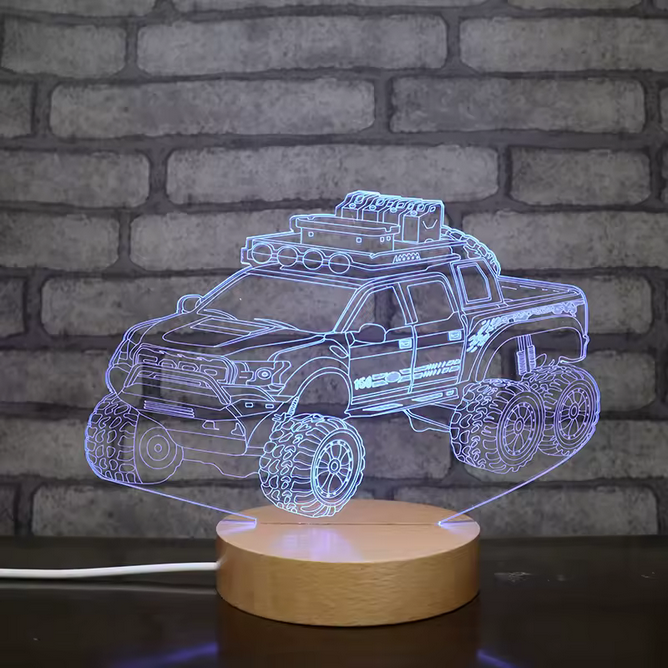 Lampe LED ronde à base en bois – Veilleuse en forme de camion avec lumière blanche chaude et 7 couleurs