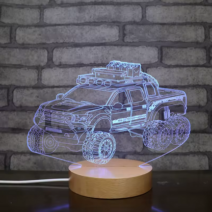 Lampe LED ronde à base en bois – Veilleuse en forme de camion avec lumière blanche chaude et 7 couleurs