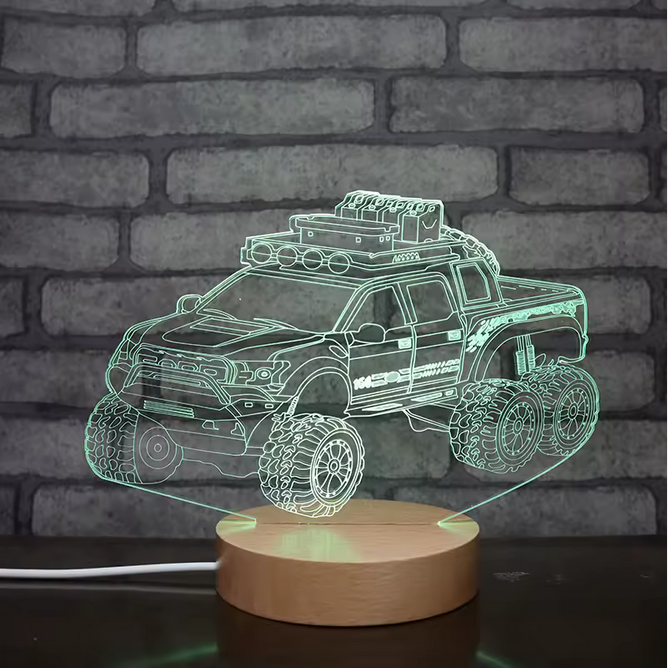 Lampe LED ronde à base en bois – Veilleuse en forme de camion avec lumière blanche chaude et 7 couleurs