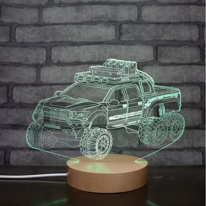 Lampe LED ronde à base en bois – Veilleuse en forme de camion avec lumière blanche chaude et 7 couleurs