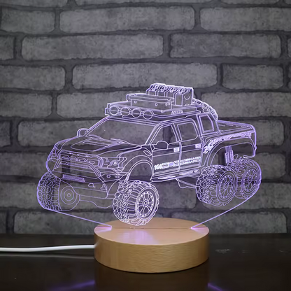 Lampe LED ronde à base en bois – Veilleuse en forme de camion avec lumière blanche chaude et 7 couleurs