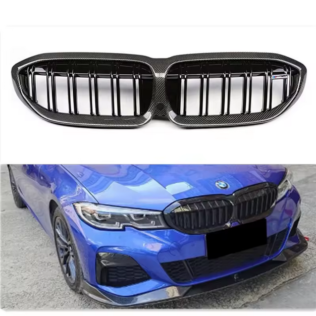 Calandre de course à double barre en fibre de carbone, noir brillant, pour BMW Série 3 G20 G21 à partir de 2019.