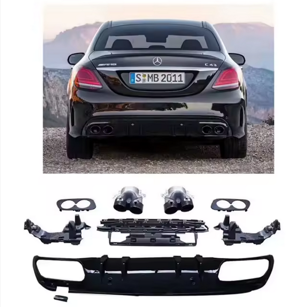 Rear bumper diffuser in gloss black with exhaust tailpipes for Mercedes-Benz C-Class W205 C43