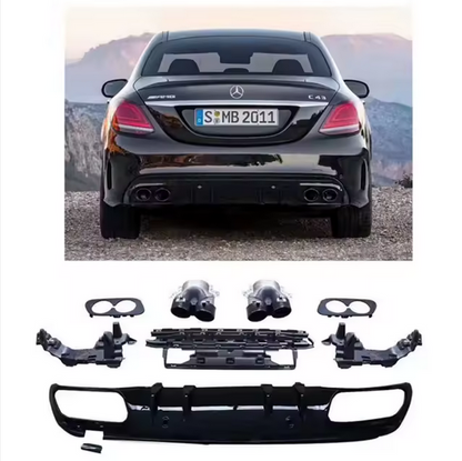 Rear bumper diffuser in gloss black with exhaust tailpipes for Mercedes-Benz C-Class W205 C43